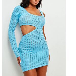 NWT PrettyLittleThing Bright Blue Textured Asymmetric Cut Out Bodycon Dress